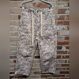 NWT Floral Drawstring Button-Front Barrel Jeans- Cream Multi Floral